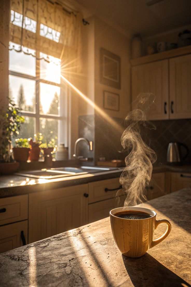 Morning coffee in sunlit kitchen